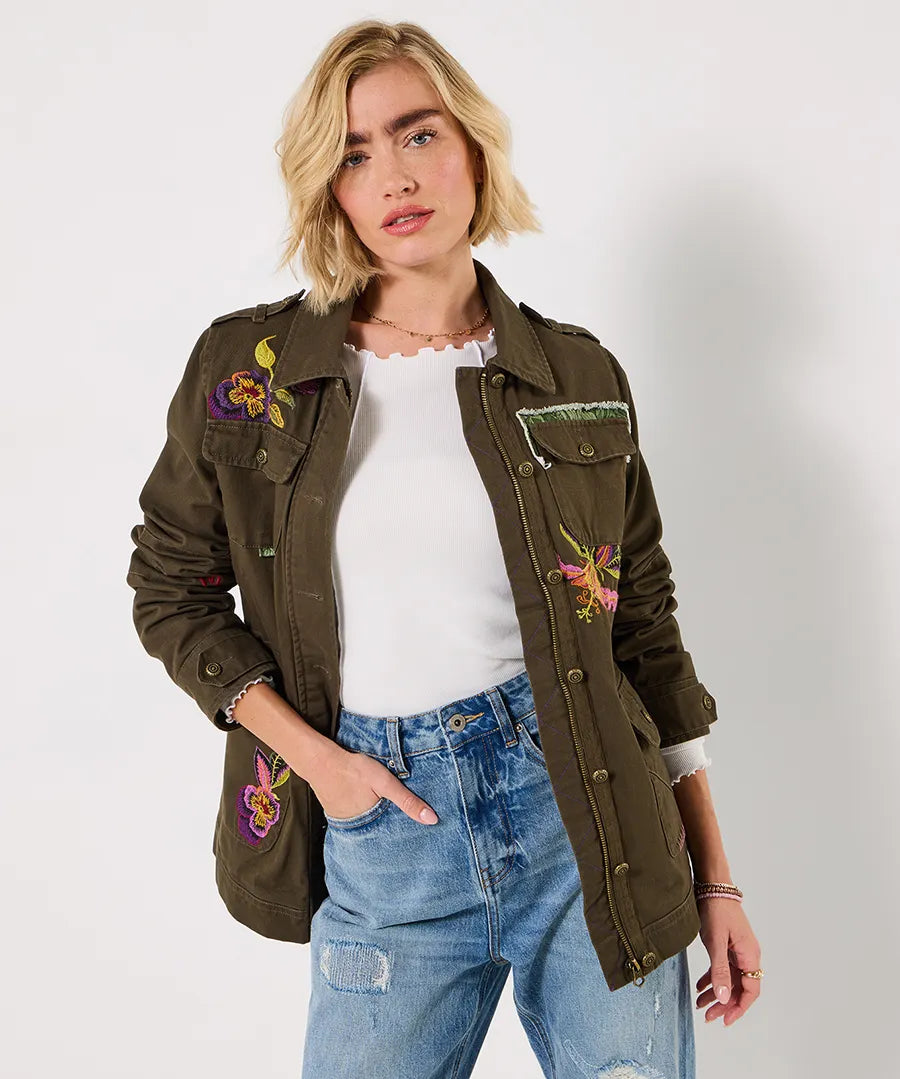 Enchanting embroidered casual jacket khaki