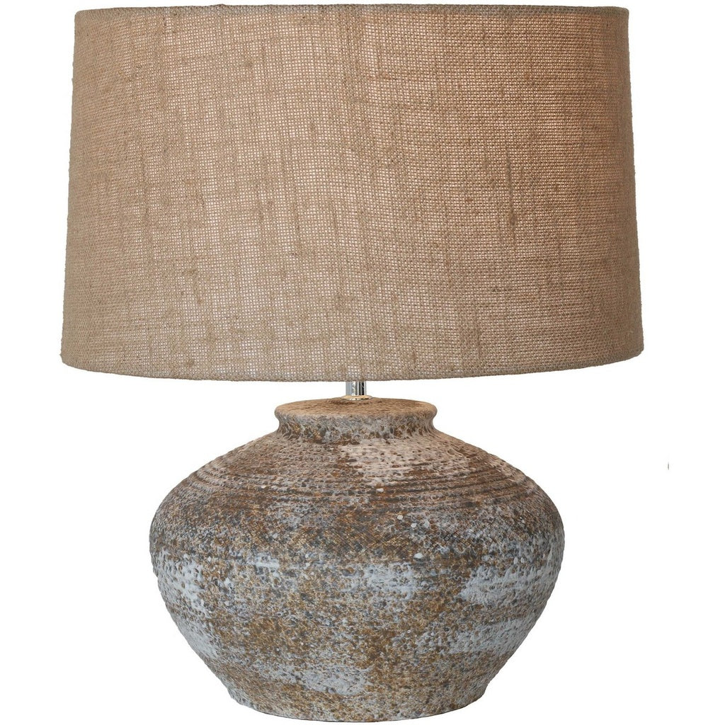Grey stone ceramic table lamp w/hessian shade