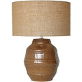 Brown gloss ceramic table lamp w/hessian shade