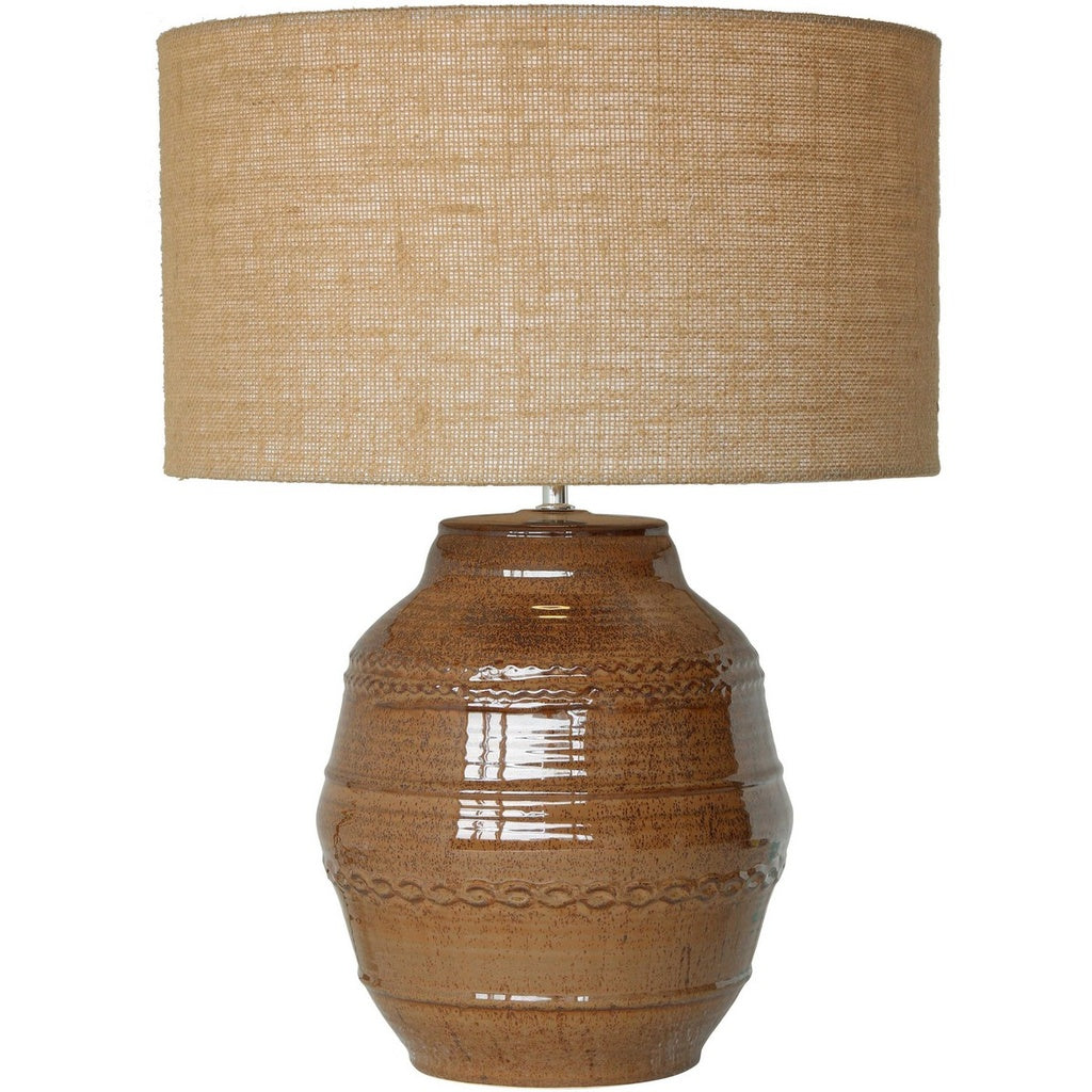 Brown gloss ceramic table lamp w/hessian shade