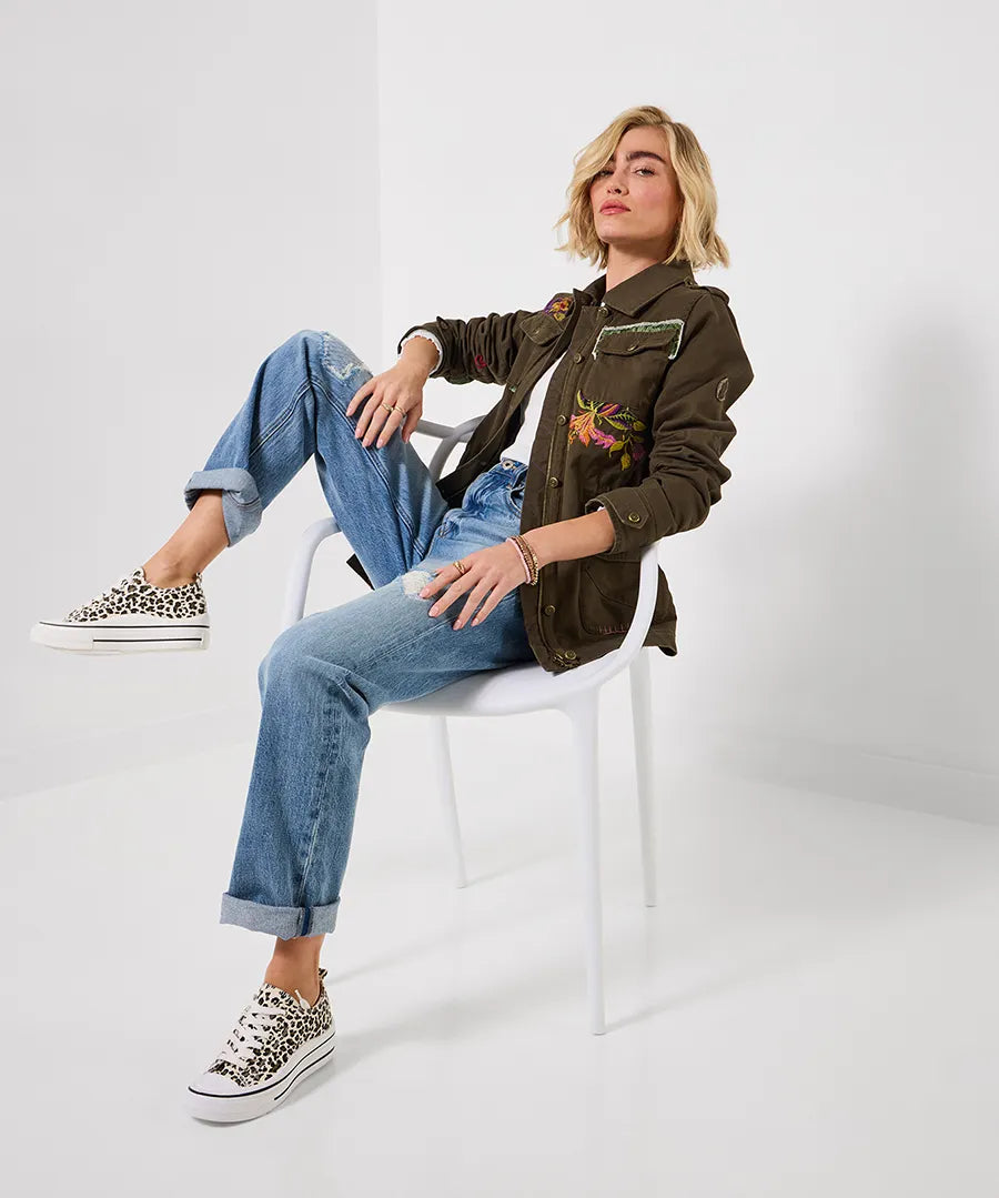 Enchanting embroidered casual jacket khaki