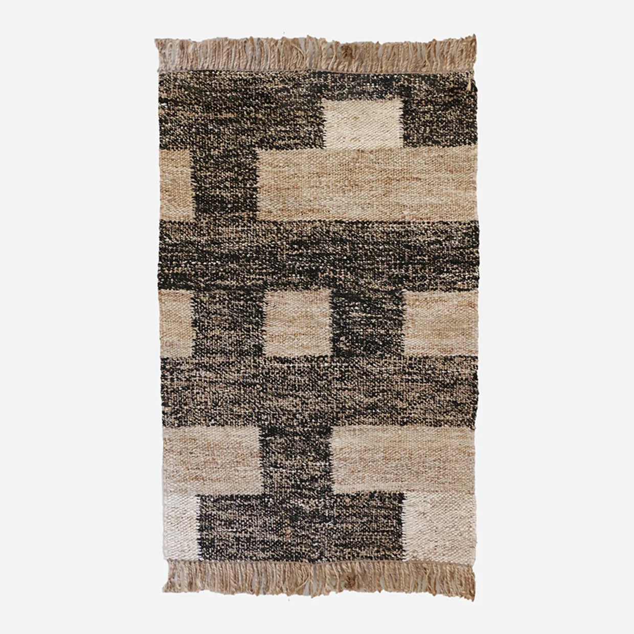 Black & Natural Geometric Block 80% Jute Kilim Rug