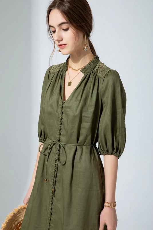 GDS Clothing Edda Linen Lace Dress - Khaki