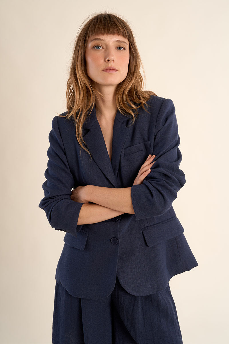 Molly Bracken Woven Blazer - Navy Blue