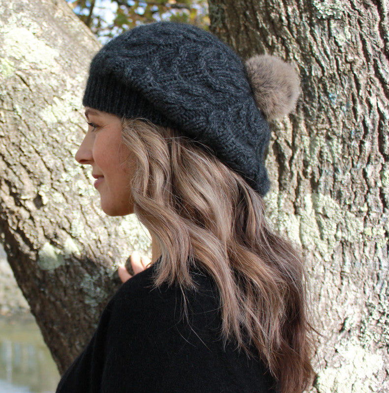 Possum relaxed cable hat pom pom charcoal