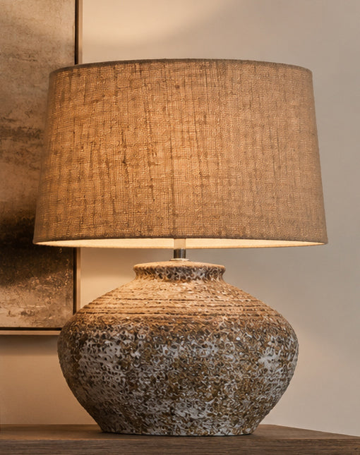 Grey stone ceramic table lamp w/hessian shade
