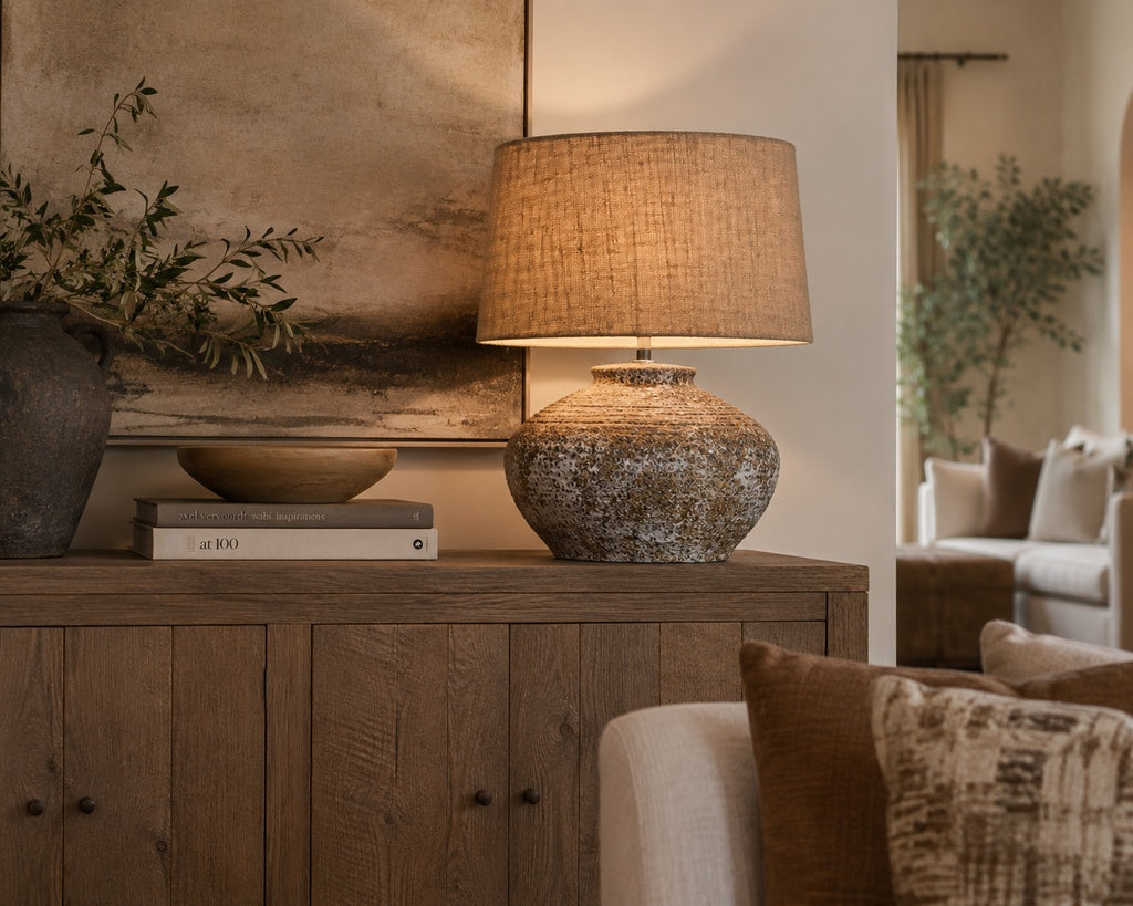 Grey stone ceramic table lamp w/hessian shade