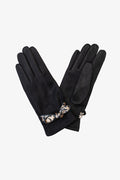 Leopard bow black suede gloves