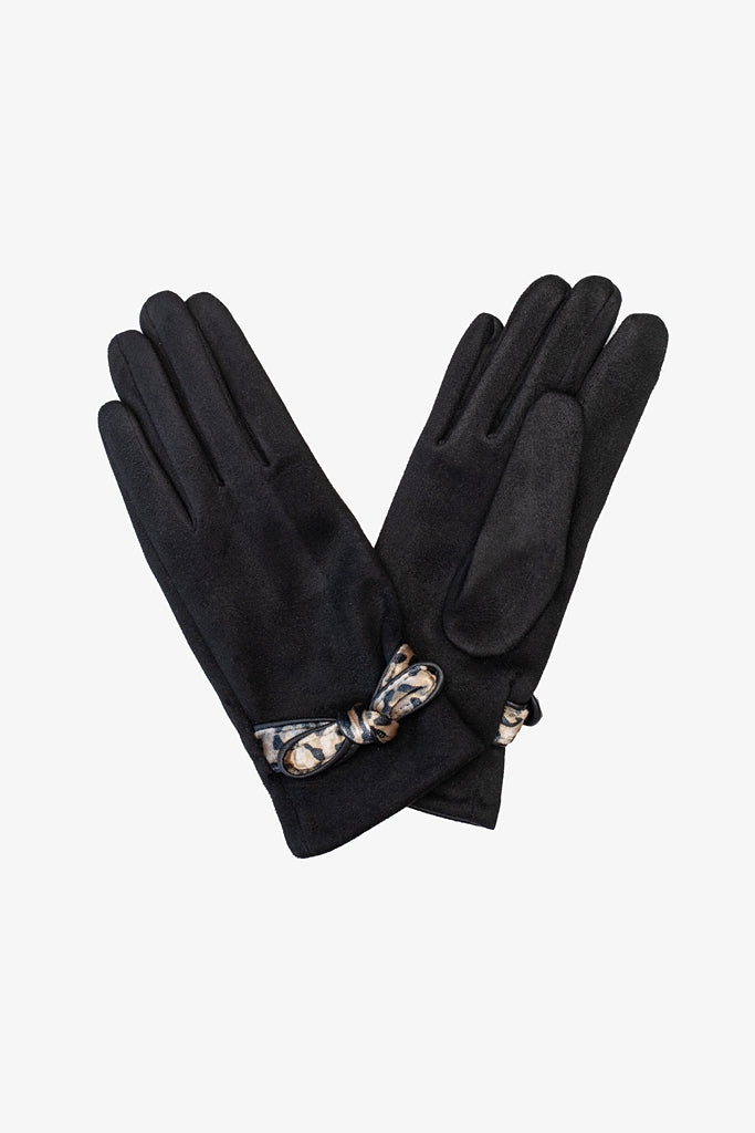 Leopard bow black suede gloves