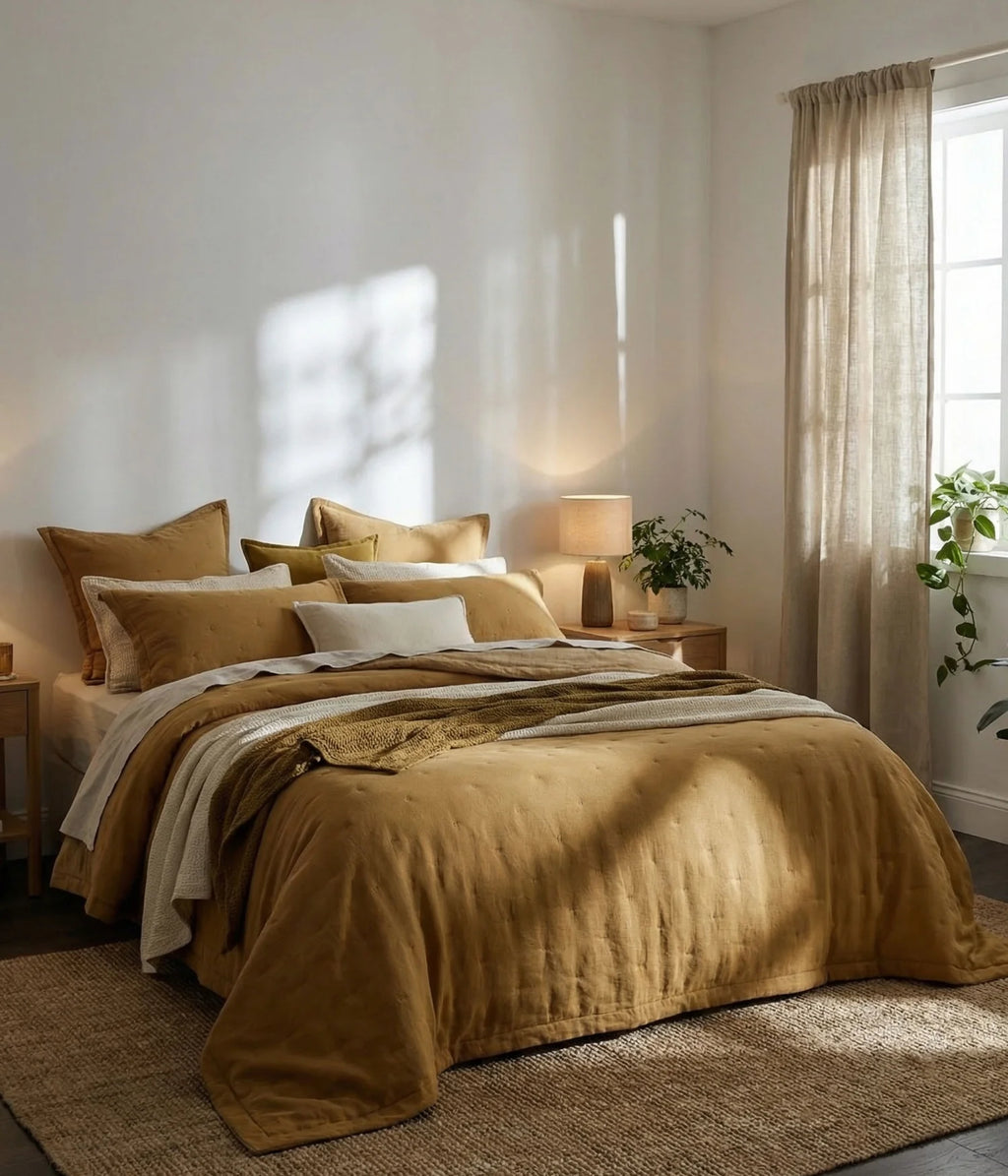 Laundered Linen Bedspread Set - King - Cumin