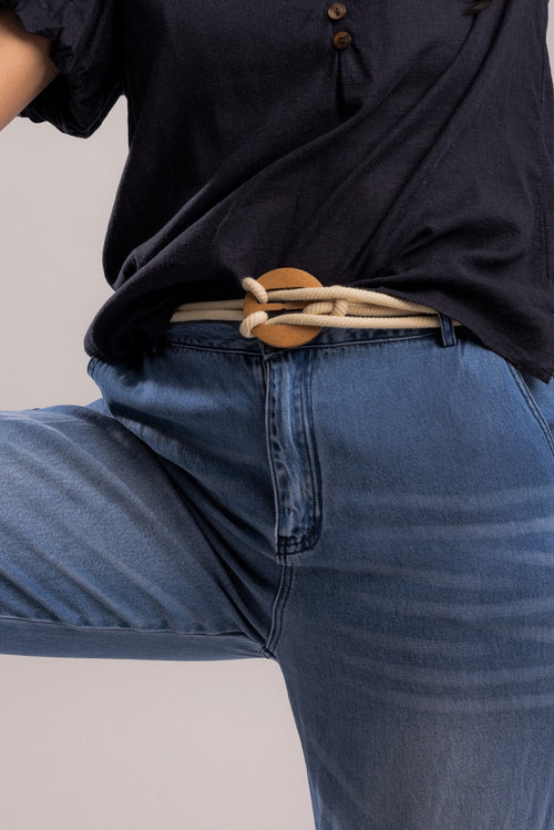 Beige Rope Belt / Wooden Buckle - O/S