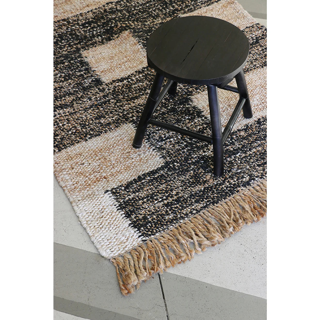 Black & Natural Geometric Block 80% Jute Kilim Rug