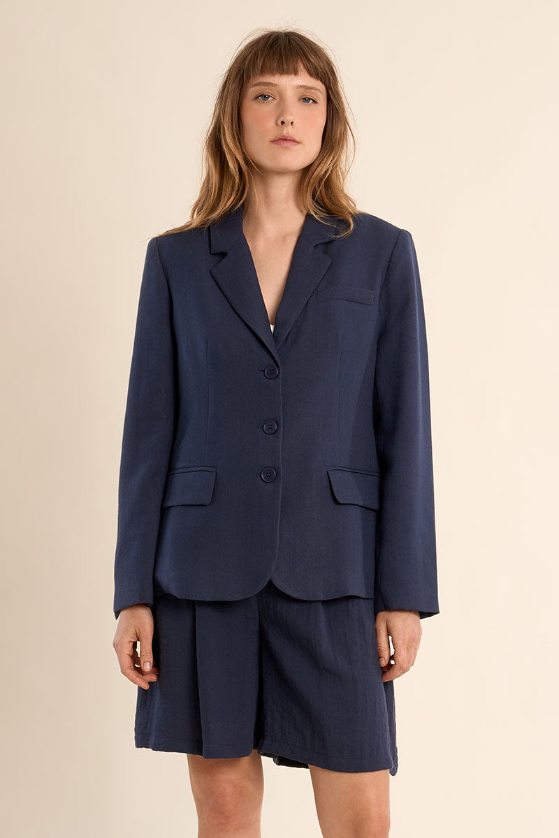 Molly Bracken Woven Blazer - Navy Blue