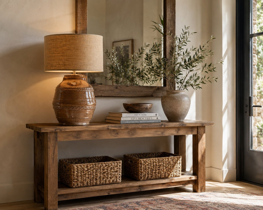 Brown gloss ceramic table lamp w/hessian shade