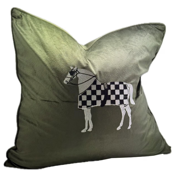 Horse Embroidered Cushion Cover - Green Velvet - w/ Inner