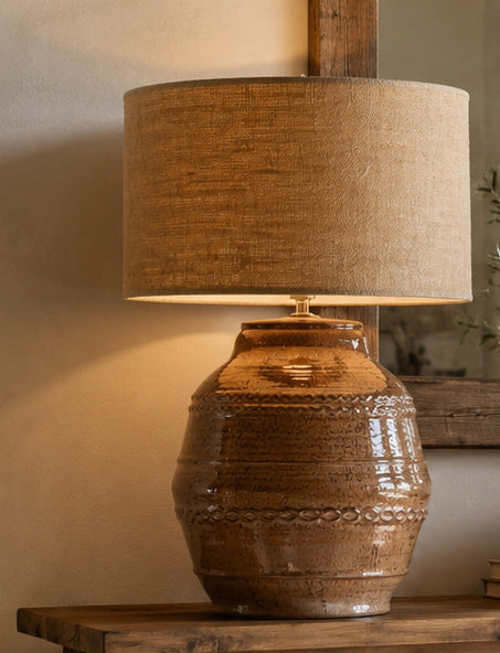 Brown gloss ceramic table lamp w/hessian shade